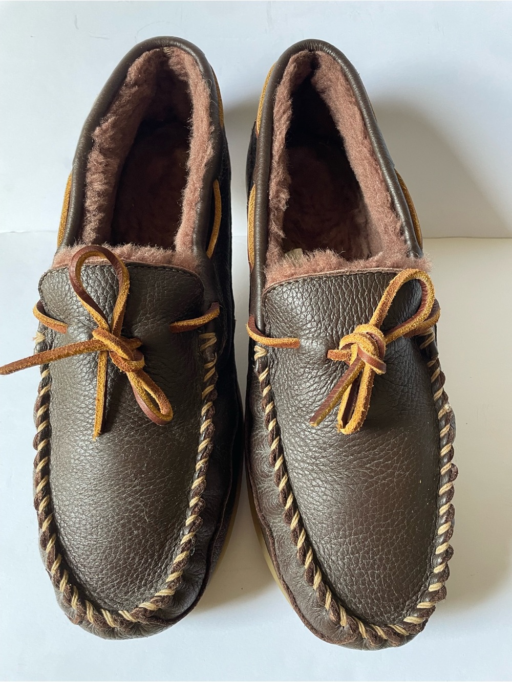 LL Bean Mens Wicked Good Moccasins Brown Leather Moosehide Shearling Slippers 12